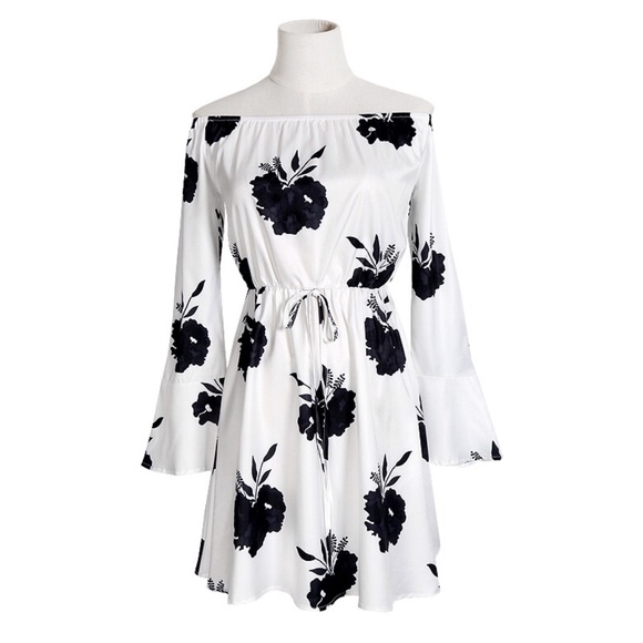 Off Shoulder Bell Sleeve Floral Waisted Mini Dress - Picture 2 of 5